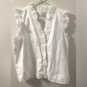 J. Crew White Eyelet Lace Ruffle Coquette Sleeveless V Neck Top Size M